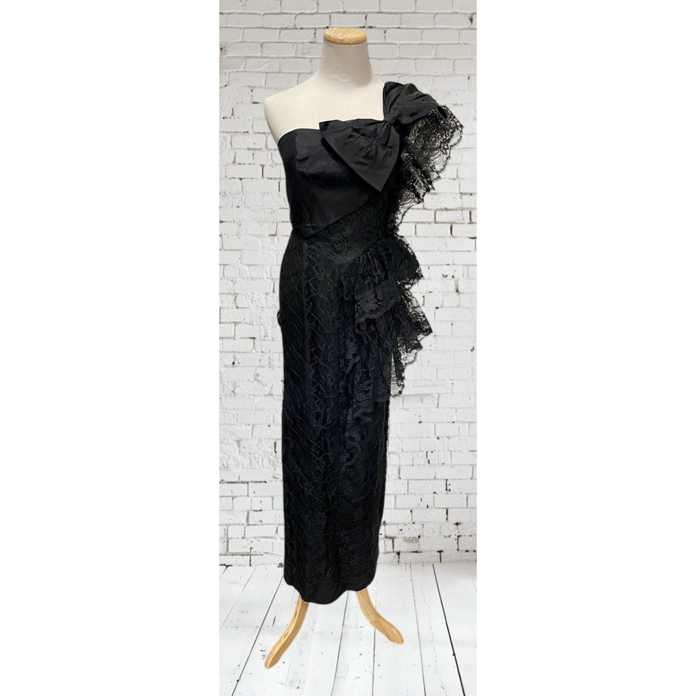 Vtg Climax Karen Okada David Howard Lace Black One Shoulder Bow Party Prom 3/4